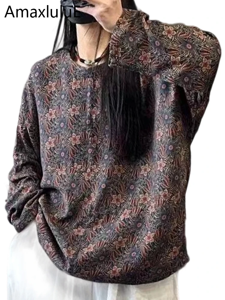 

Amax LuluE 2025 Fall Females Fashion Vintage Oversized Printed Tshirts Ladies Classic Loose Floral Clothes Leisure Elegant Tops