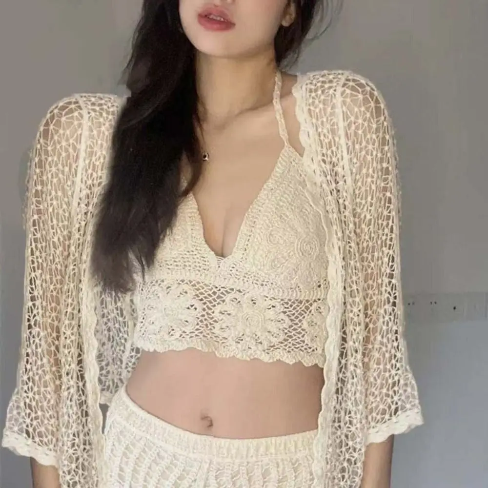 Tassel Lace Flower Camisole Ethnic Style V-neck Knitted Hollow Vest Embroidery Swimsuit Bohemia Style Crochet Tops Summer