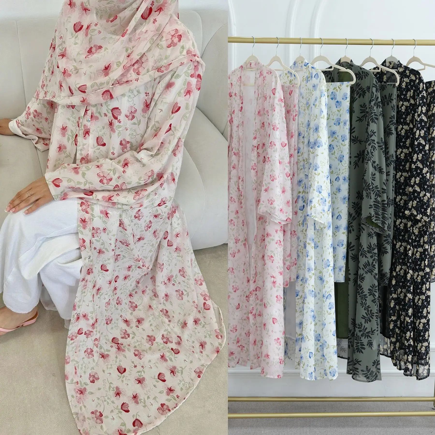 Mulheres muçulmanas dubai floral flor impressa dupla camada design chiffon cardiganoba abaya longo vestido solto