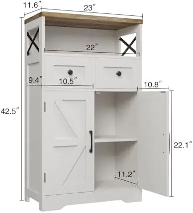 Farmhouse White Storage Cabinet with Doors and Drawers, Freestanding Kitchen Pantry Cabinet, Floor Storage Cabinet