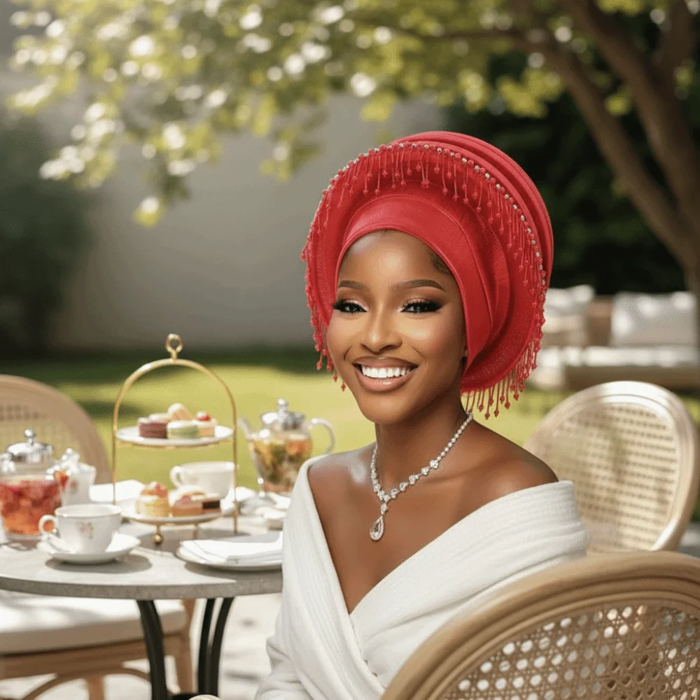 Pleated Bonnet Structured Auto Gele Pre-tied Layered Beaded Headtie Handmade Metallic Fringe Headwrap Prom Queen
