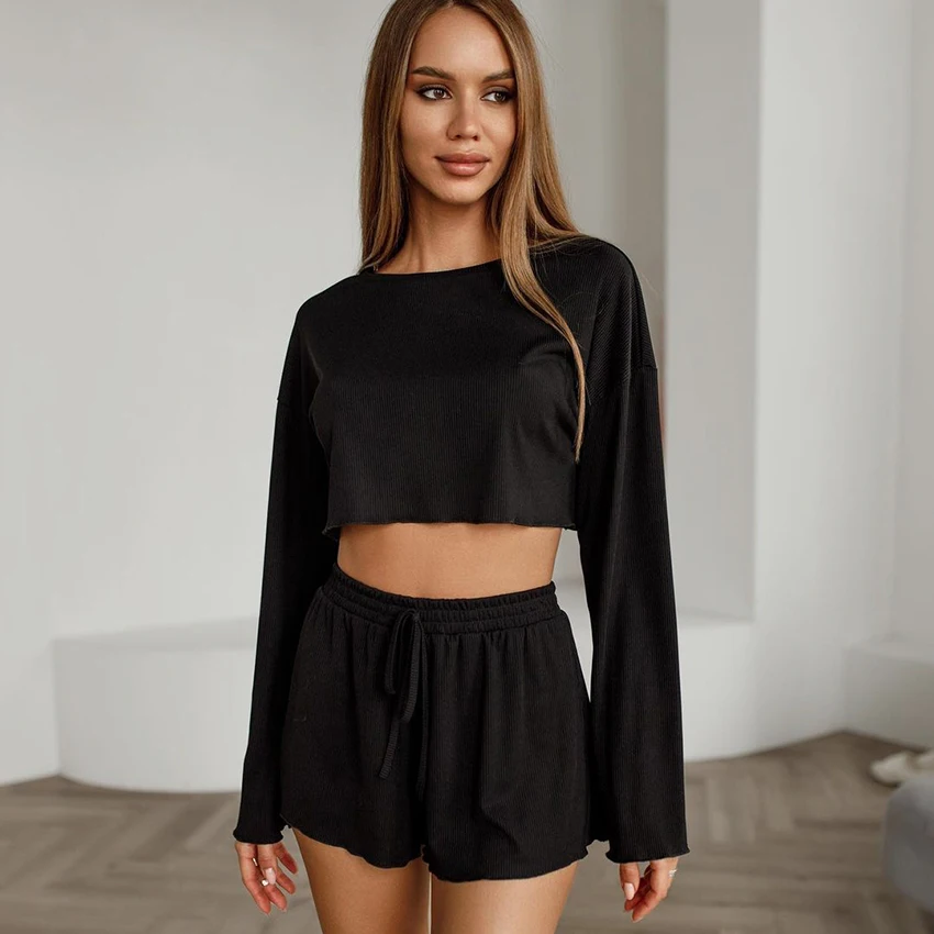 2024 Women O-Neck Long Sleeve Crop Top+High Waist Drawstring Casual Shorts Summer Fashion Female Loose Street Two Piece Set