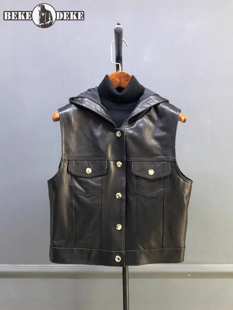 New Women Pocket Black Sheepskin Genuine Leather Hooded Single Breasted Loose Fit Bomber Ladies Jacket Designer Sleeveless Coat