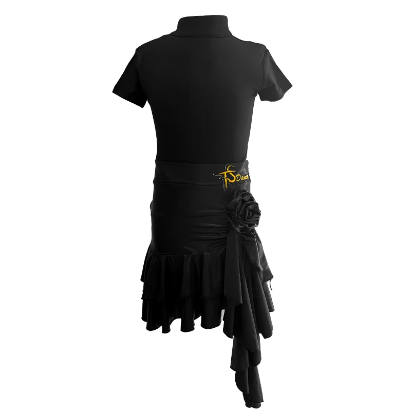 Costume de danse latine pour filles, spectacle d'entraînement de danse, combinaison, jupe à manches courtes haute brillance, ensemble de cours noir pour enfants