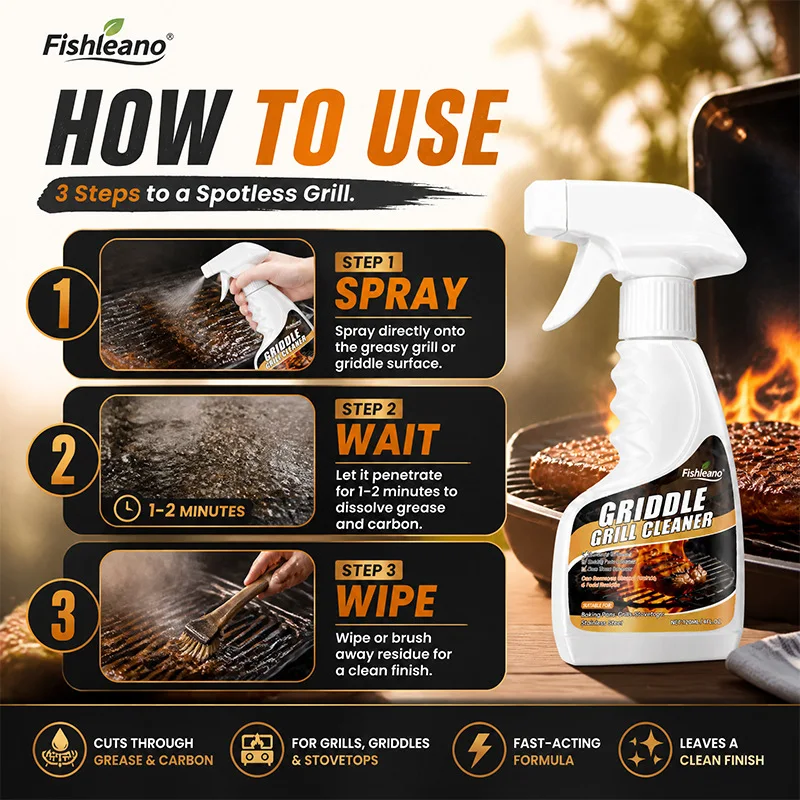 Griddle Grill Cleaner Spray 120ml, Remove Burnt Carbon Grease Food Residue, Fast‑Acting BBQ Cleaner Grill Griddle Gas Stovetop