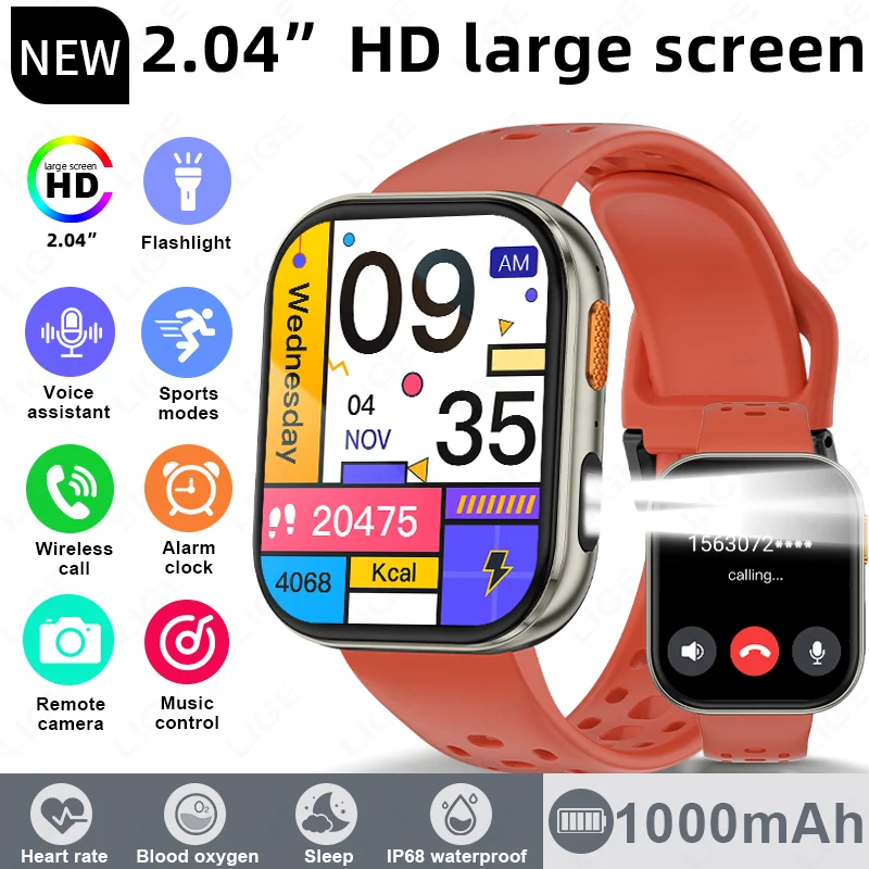 

Смарт-часы LIGE с аккумулятором сверхвысокой емкости 1000 мАч, экран 2,04 дюйма, измерение пульса, звонки по Bluetooth, водонепроницаемость IP68, для спорта