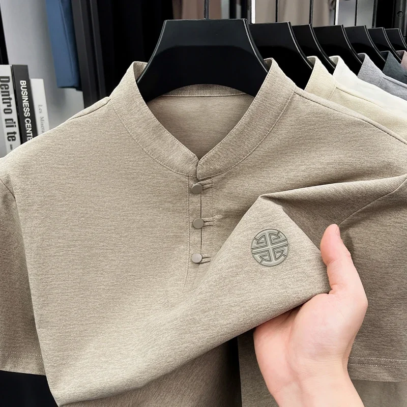 Men's Mandarin Collar Short Sleeve T-Shirt Casual Chinese Style Button Henley Shirt image 4