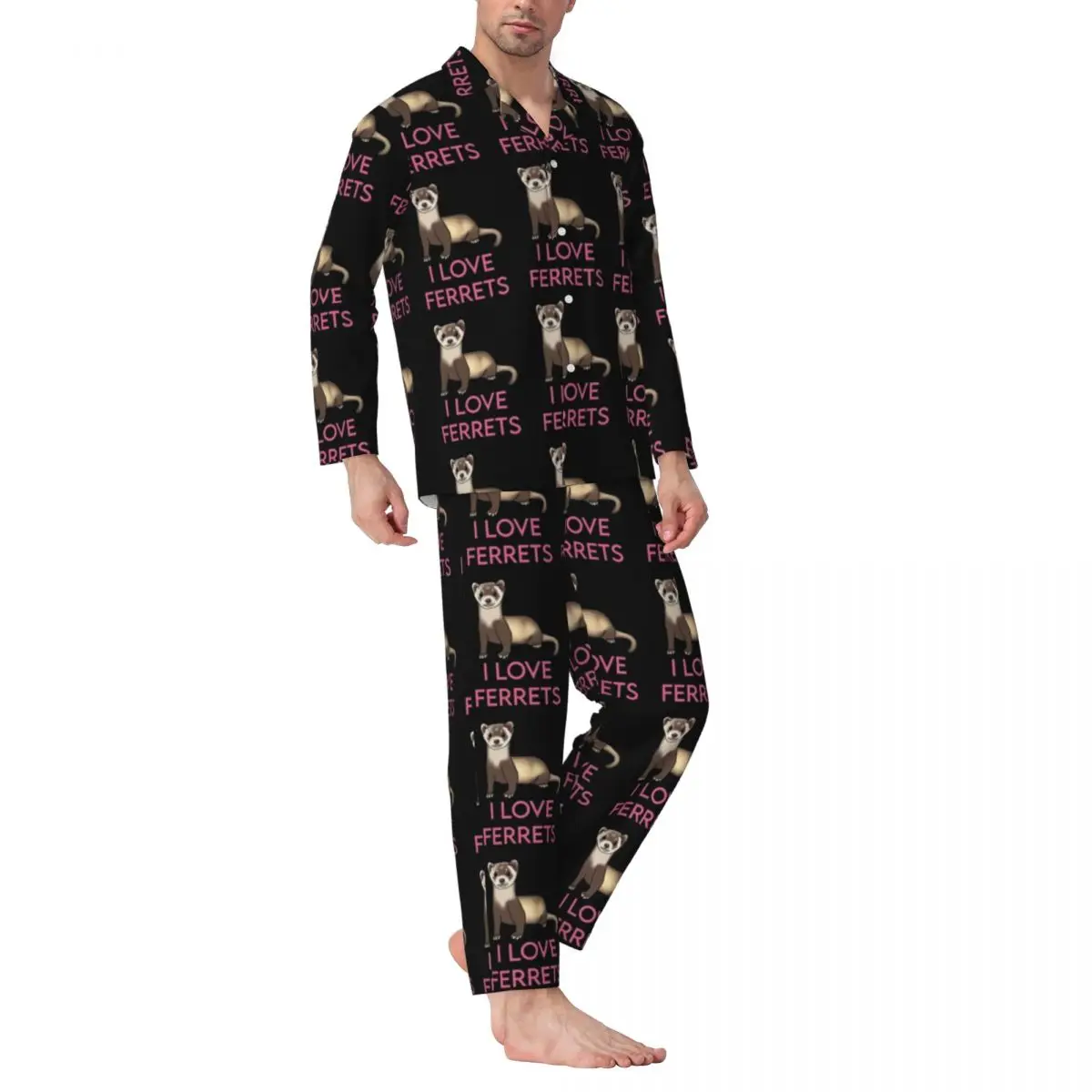 

Ferret Lovers Pajama Sets I Love Ferrets Warm Sleepwear Men Long Sleeve Casual Loose Night 2 Pieces Nightwear Large Size 2XL