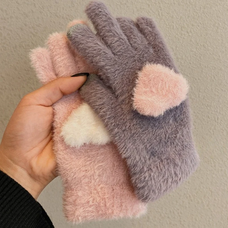 Sweet Love Heart Pink Gloves Women Plush Gloves Autumn and Winter Thick Mittens Full Finger Gloves Girls Warm Touchscreen Glove