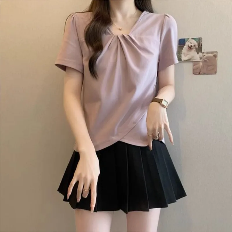 

French style irregular plus size short sleeve, summer V-neck solid color short women's fashion pleated patchwork T-shirt