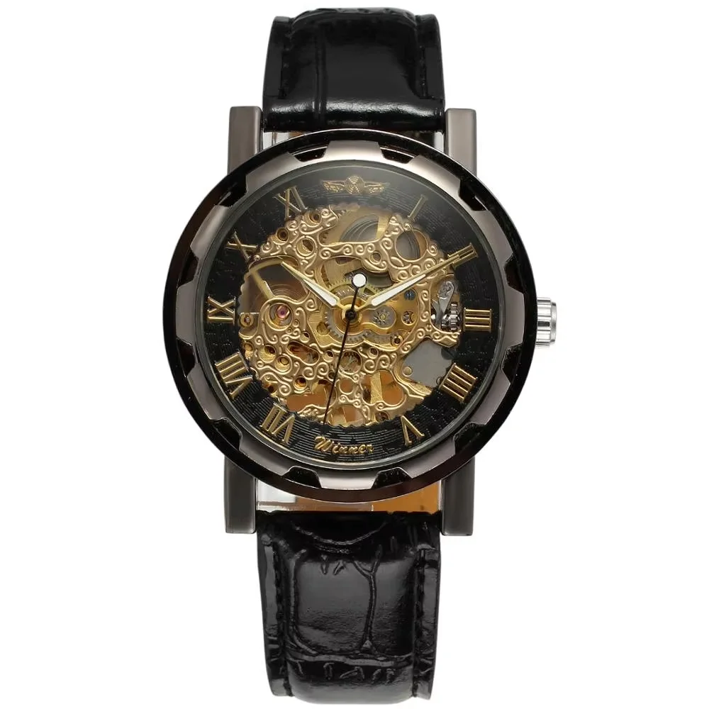 WINNER Fashion trend men's and women's watches creative black gold hollow design leather strap automatic mechanical watches