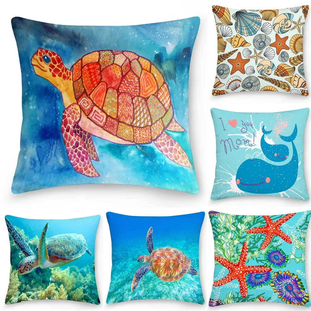 Square Cushion Cover Pillow Office Sofa  Turtle Coral Shell Animal Ocean World case