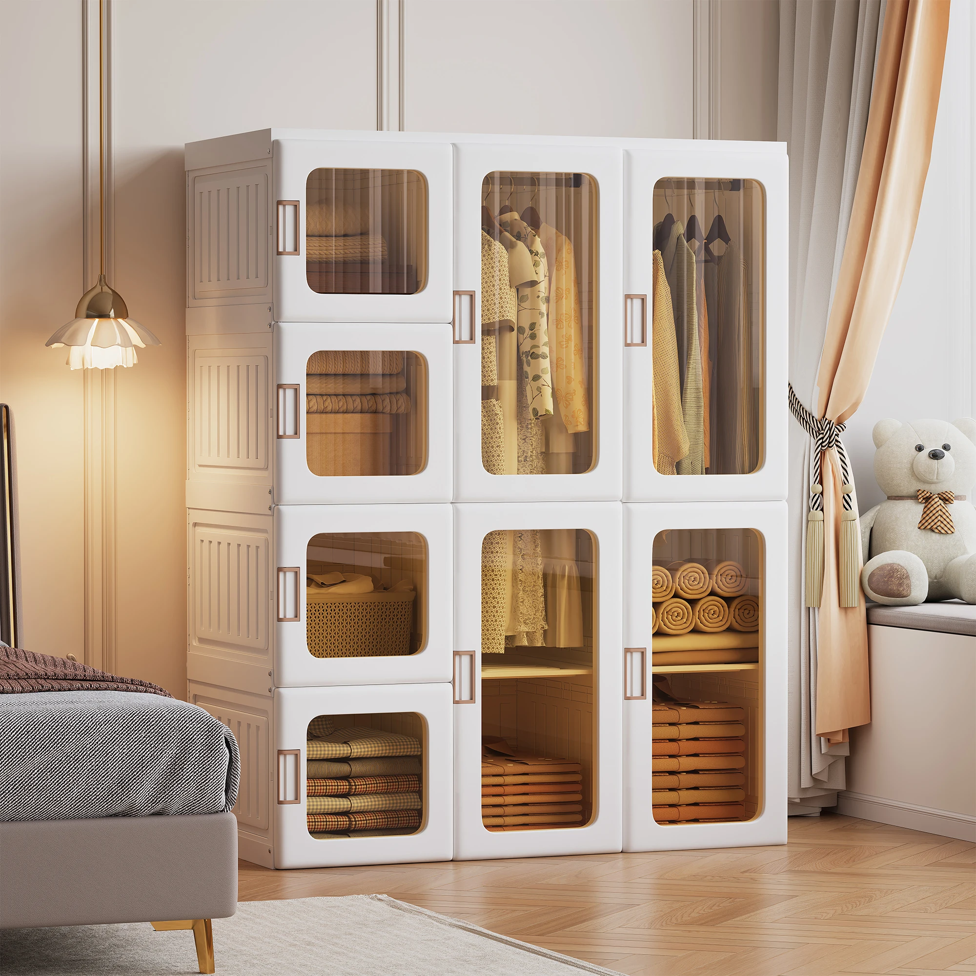 Armadio, facile da montare, armadio pieghevole multifunzionale con 2 barre per appendere e 8–11 ante magnetiche; ideale per la camera da letto o il soggiorno; colore bianco; dimensioni: 104 x 170 x 50