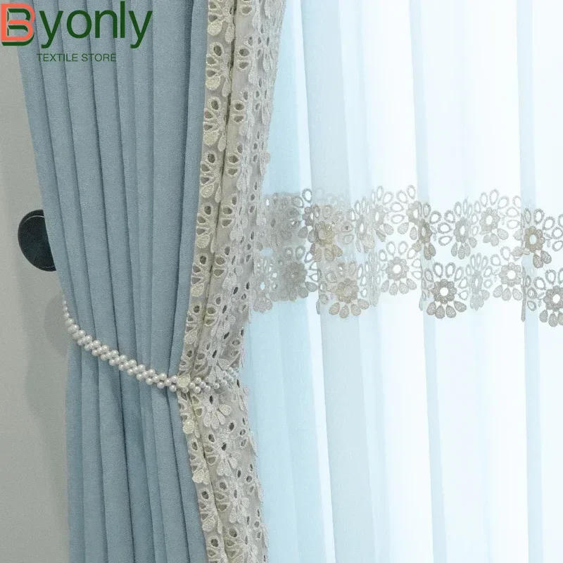 Simple Light Blue Lace Embroidered Window Screen Thickened Spliced Curtains for Living Room Bedroom Floor-to-ceiling Windows