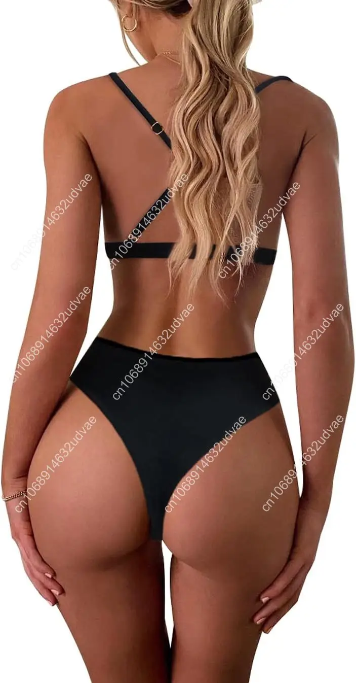 Womens High Waisted Thong Bikini Sets Sexy Brazilian Triangle Top Deep V Neck Two Piece Swimsuit Bathing Suits