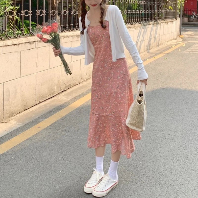 Floral Print Sweet Dresses for Women 2023 Summer Fresh Elegant Chiffon French Open Fork Casual Kawaii Retro Cottagecore Dress