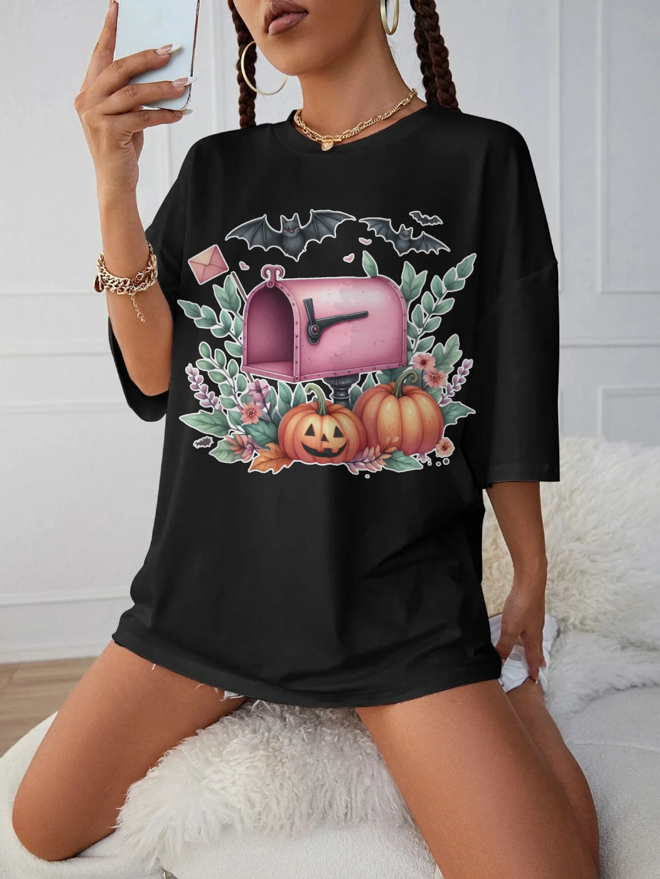 

Pink-Halloween-Clipart-Cute-Halloween Maternity Loose Fit Black Round Neck T-Shirt Comfortable Stylish Winter Clothing for Women