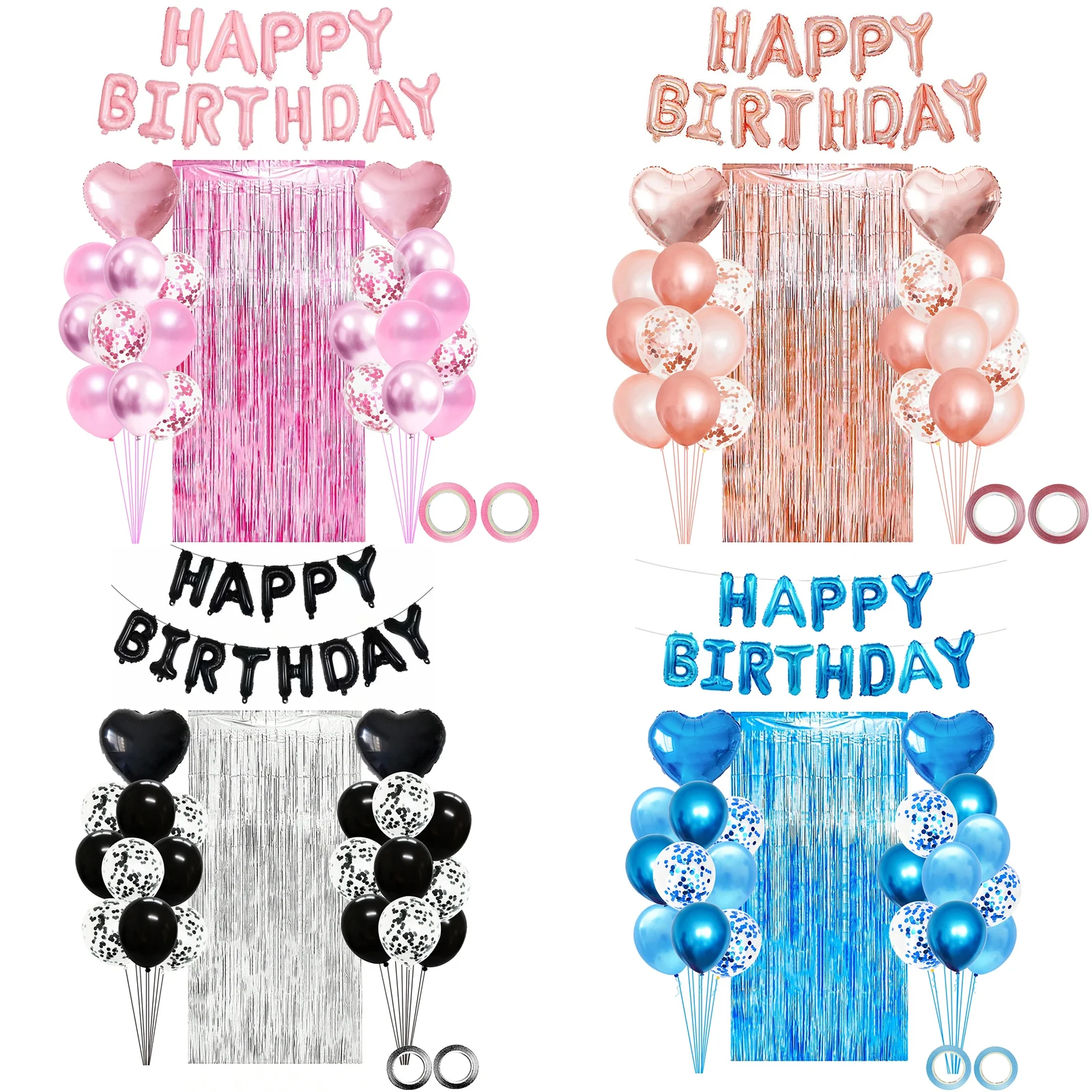 36Pcs Mixed Balloons Happy Birthday Party Decoration Metallic Foil Tinsel Curtain Background Boy Grils Birthday Party Decoration