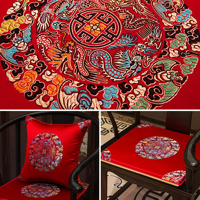 Chinese Fabric Red Festive Clothes Seat Cushions Pillow Chinese Style Rosewood Furniture Imitation Silk Brocade Satin