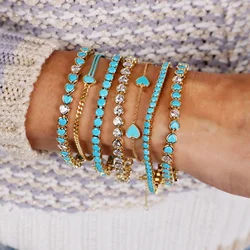 Gold Plated Fashion Summer New Arrived Jewelry Blue Turquoises Heart Shaped CZ Tennis Bracelet For Women