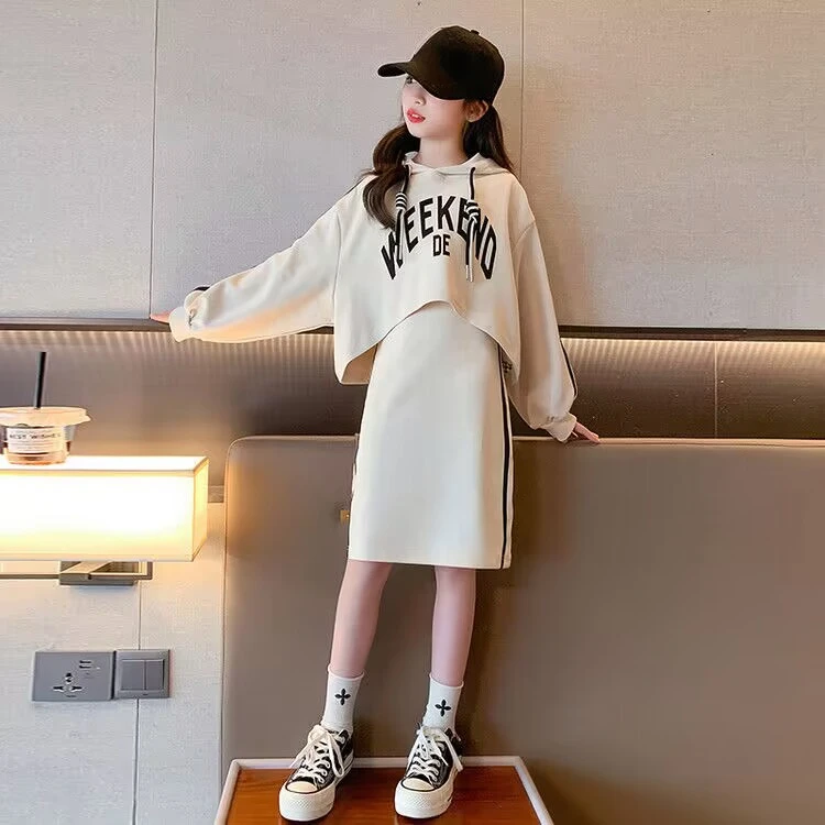 Junior Girls Sweatshirt Dress Suit Clothing Kids Fashion Vest Skirt + Printed Letter Hooded Shirt 2 Piece Set Trend 3-13Y