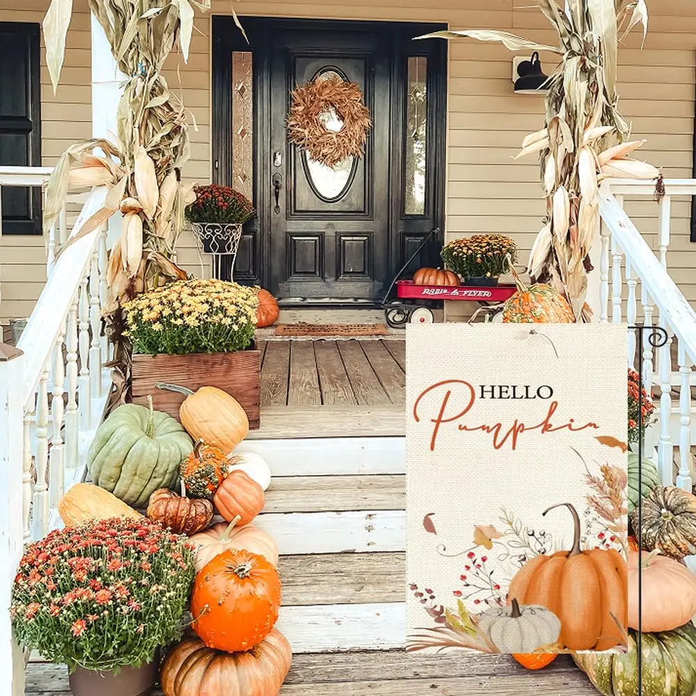 RABUSOFA Hello Pumpkin Fall Garden Flag 12x18 Inch Double Sided for Outside, Autumn Leaves Thanksgiving Pumpkins Outdoor Seasona