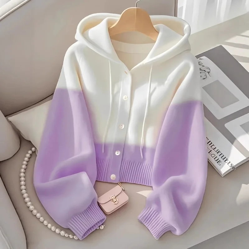 เสื้อคลุมคาร์ดิแกนไหมพรมแบบมีฮู้ดไล่สี เสื้อยืดแขนยาวลำลองแบบกระดุมแถวเดียวสำหรับผู้หญิง เสื้อฮู้ดมีเชือกผูก