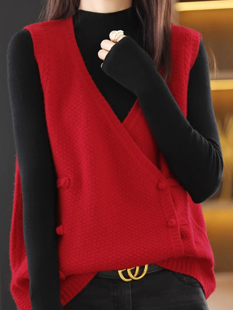 

Red Lunar New Year Loose V-Ne Knitted Sweater Women's Svel Top Casual Sle Korean Faion Pure Color Commute Wear