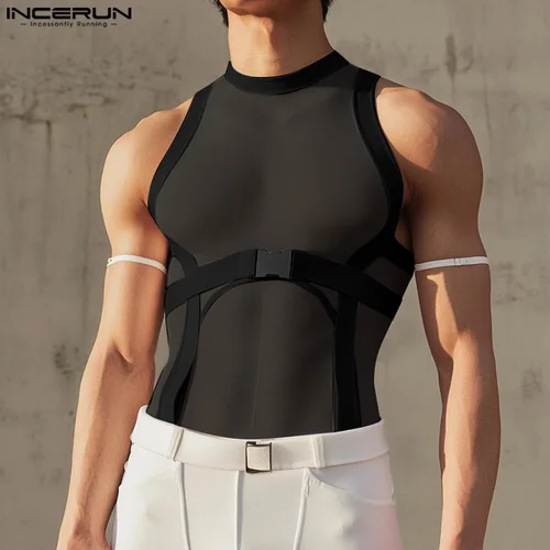 Imagen 2 del producto INCERUN, camisetas sin mangas para hombre, retales de malla, chalecos transparentes con cuello redondo sin mangas para hombre, ropa de calle de verano 20225, ropa Sexy de moda para hombre
