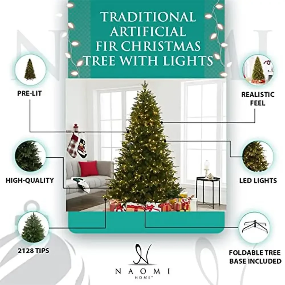 6.5ft Traditional Fir Christmas Tree with 350 Warm Lights and Metal Stand Realistic Pre lit Xmas Tree with 1292 Branch Tips Easy