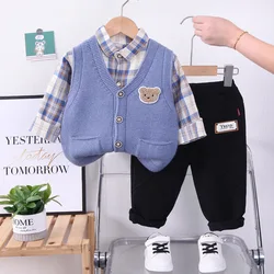 Spring Autumn Western Baby Infant Boys Clothes for Kids Boy Cartoon Knitted Cardigan Sweater Vest + Plaid Shirts + Pants Outfits