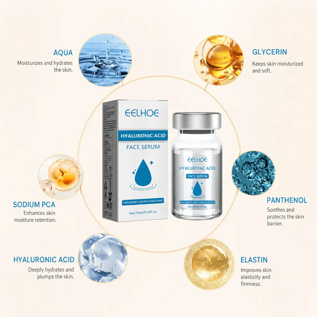 Hyaluronic Acid Face Serum Elastin Panthenol Deep Hydrating Plumping Moisturizing Soothing Skin Barrier Retention Facial Care