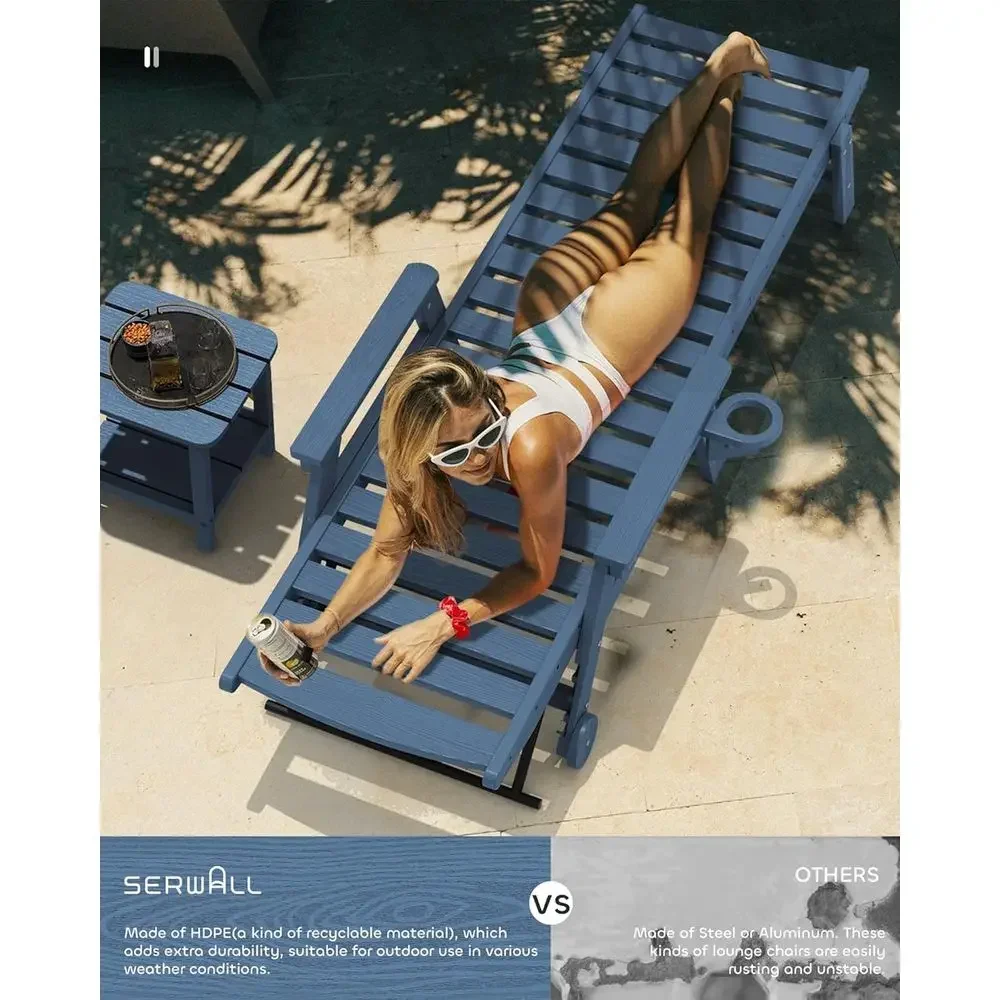 5-Position Adjustable Outdoor Chaise Lounge Chair Set, 78 Long, HDPE, Blue, with Rolling Wheels and Cup Holder