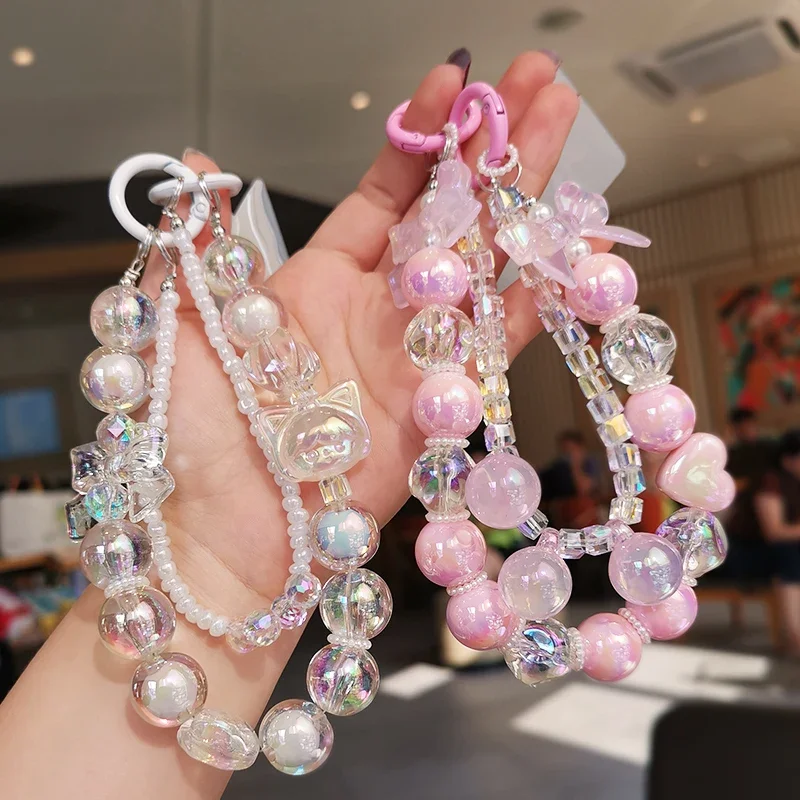 Mobile Phone Lanyard Beaded Pendant Chain Round Bead Crystal Dazzle Bow Pendant Double Chain Mobile Phone Case Pendant Girl