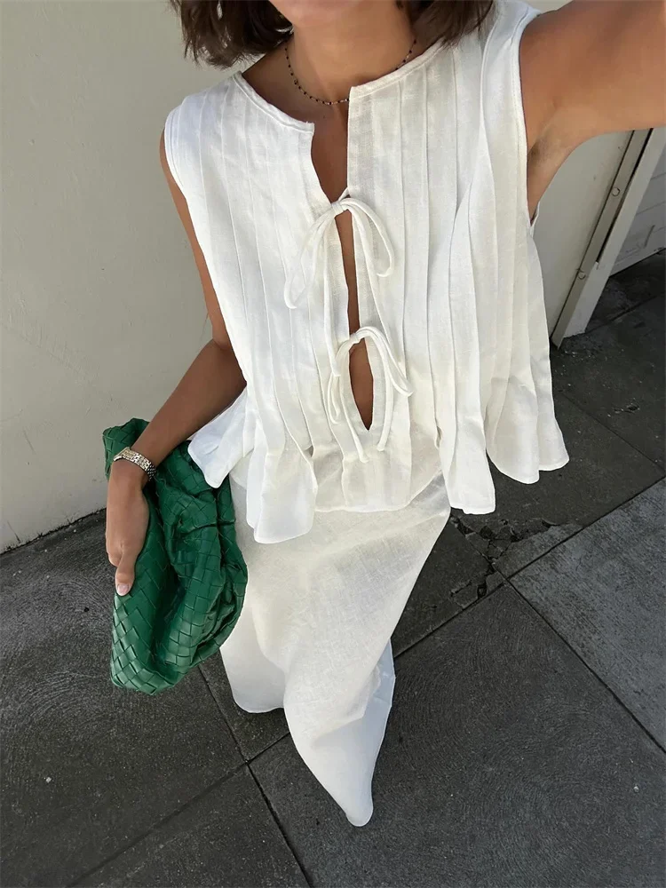 White Bandage Ribbed Tank Top Shirts For Women Hollow Out Sleeveless Slim Summer Fashion Vest Women's Lace-Up Vest Y2k Top