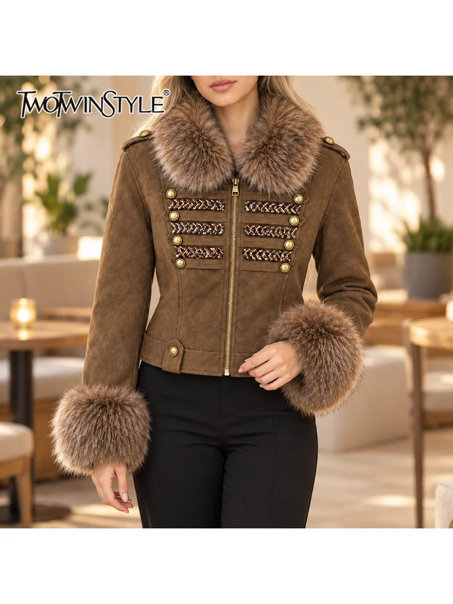 TWOTWINSTYLE Fluffy Spliced Beaded Slimming Coat for Women Lapel Collar Long Sleeve Patchwork Zipper Epaulet Jacket Female Style