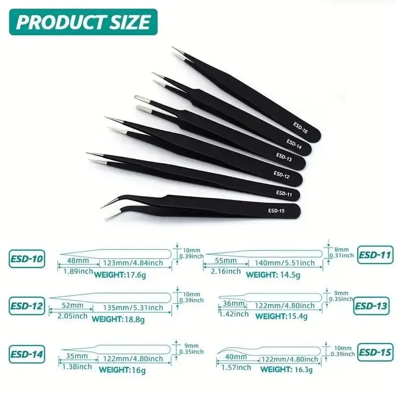 Precision Long Tweezers Set ESD Anti-Static Stainless SteelTweezers Repair Tools For Electronics Repair Soldering Craft