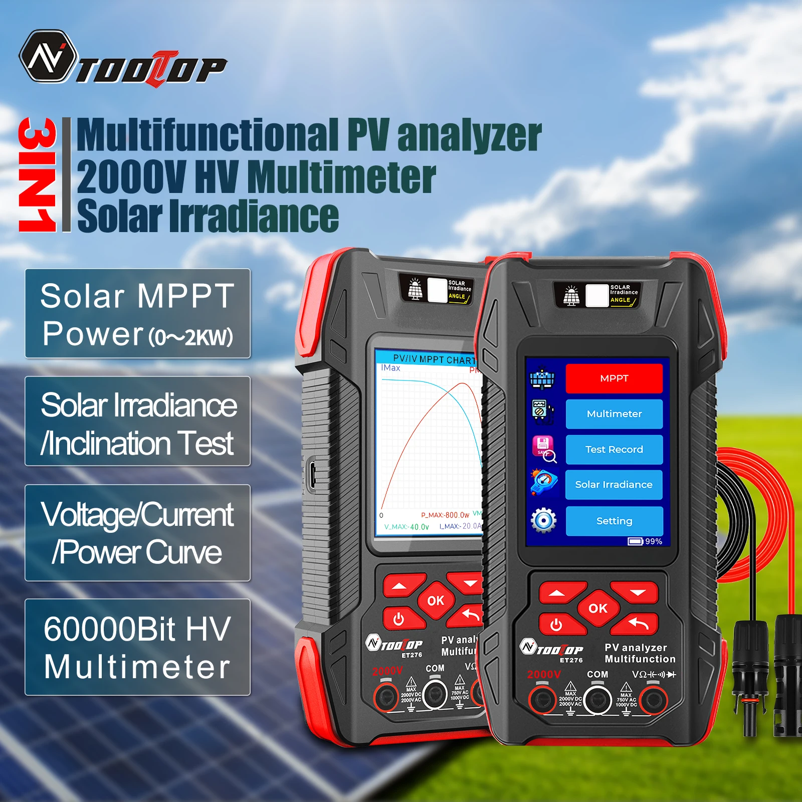 TOOLTOP ET276 2000W MPPT Solar Panel Tester 60000 Counts Multimeter High Precision Photovoltaic Module Analyzer Inclination Test