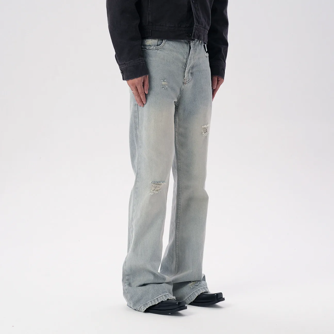 Fashion American Retro High Street Washed Distressed Knee Ripped Knife Cut Damaged Slightly Pull Mop Jeans Spring and Summer
