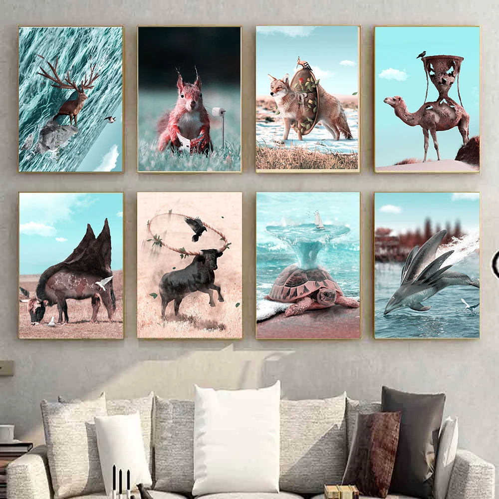 Buck Wolf Cow Turtle Dolphin Surrealism Fantastic Animals Posters and Prints Canvas Painting Living Room Study Home Decoration