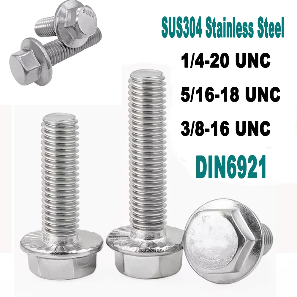 304 Stainless Steel UNC Flange Bolts 1/4 5/16 3/8 Serrated Hexagon Cap Screw for Car & Motorcycle Fastening