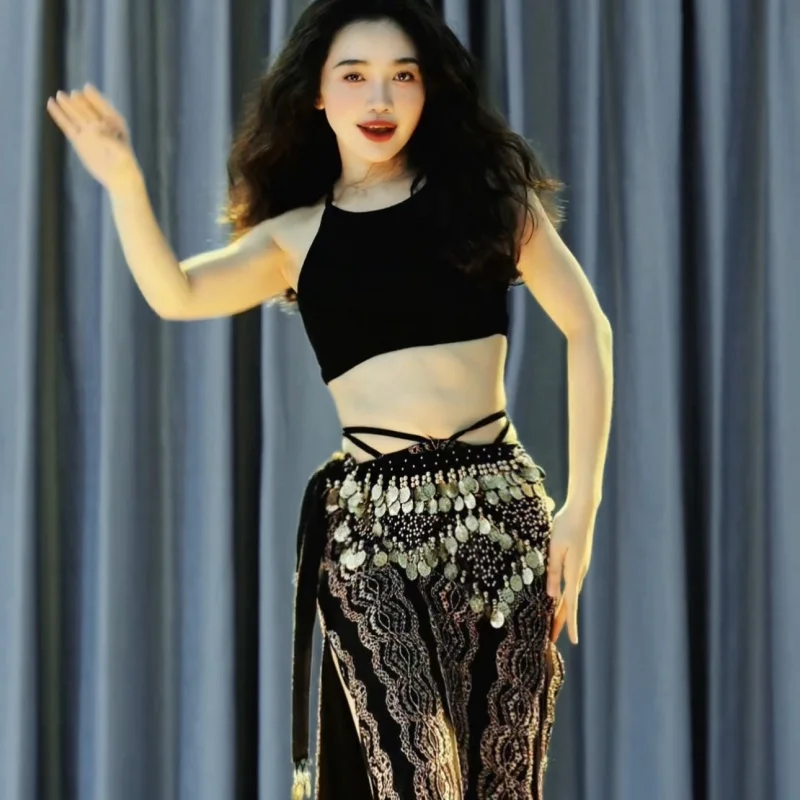 Nowe stroje do ćwiczeń tańca brzucha Czarny top bez rękawów + długa spódnica z rozcięciem 2 szt. Damskie stroje do tańca orientalnego dla dorosłych