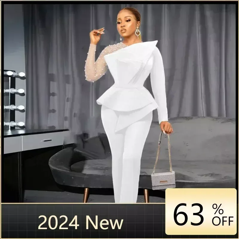 Women Jumpsuit Vintage Beaded Long Sleeve Patchwork Mesh One Piece Romper Beading Elegant Party Birthday Event African New