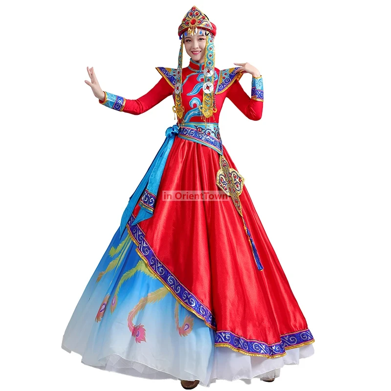 Chinese performance Folk Dance wear Classical long Mongolian Dance clothing ethnic minority dress Stage Costumes for Singers
