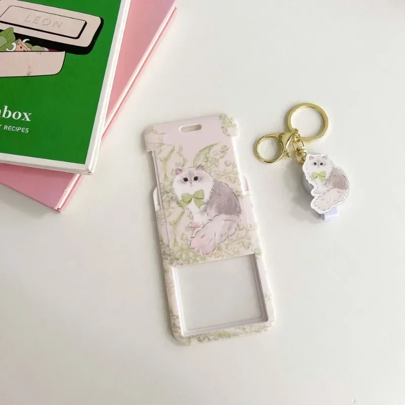 Cute Kitten Card Holder with Gold Color Keychain Sweet Cat Girl Student ID Bus Card Holder with Retractable Badge Reel