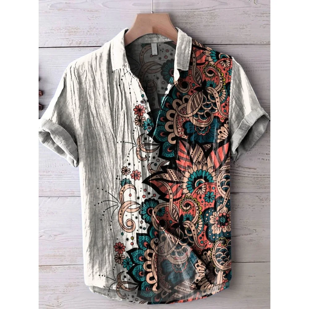 

Men's Hawaiian floral pattern retro casual T-shirt men's short sleeved shirt holiday party ethnic style pattern long sleeved lin