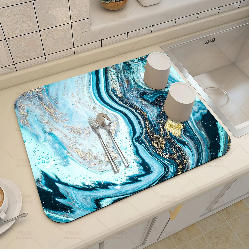 Blue-green corrugated oil painting pattern kitchen abstract placemat coffeemat super absorbent non-slip anti-mildew draining mat