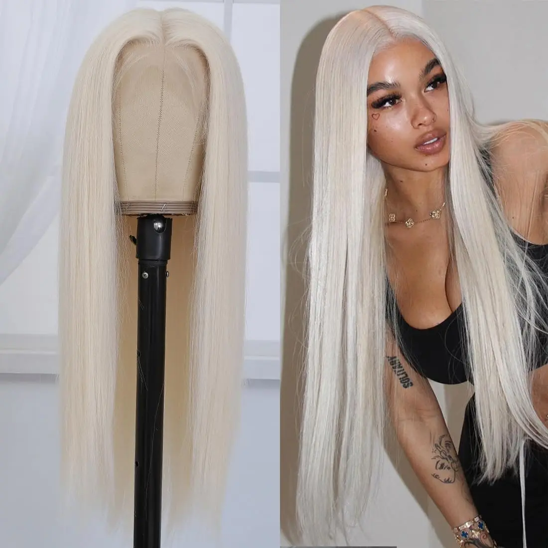 #60 Ash Blonde T part Lace Bone Straight Wig Human Hair Colored Human Hair Wigs For Women Platinum Blonde Remy Human Hair Wig With Blached Knots 150% 18 inches