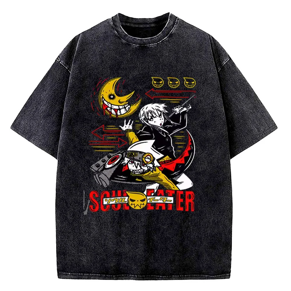Soul Eater Vintage Washed cotton t shirt teen Trendy Y2k Punk Breathable t shirt Graphic anime University Grunge Colorful women