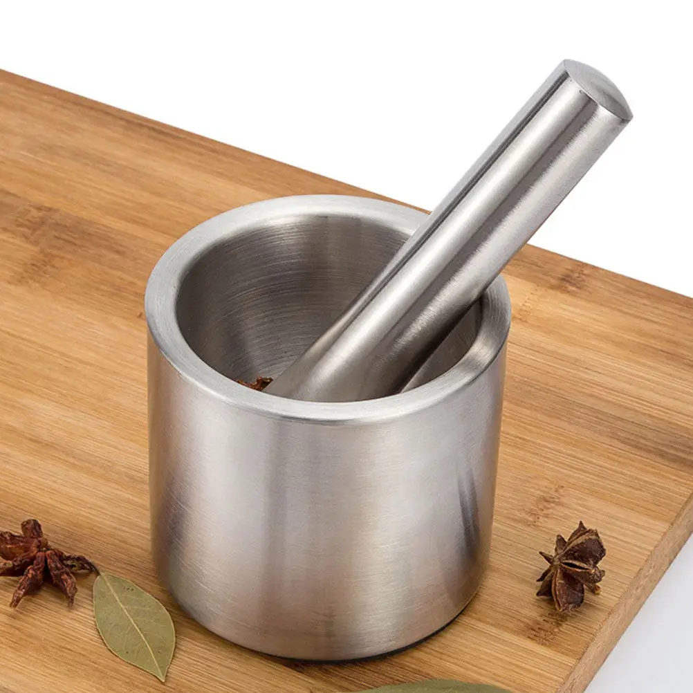 1Set Stainless Steel Garlic Mortar and Pestle Set Heavy Duty Crush Bowl for Garlic Paste Spices Nuts Seasoning Grinding Kitchen
